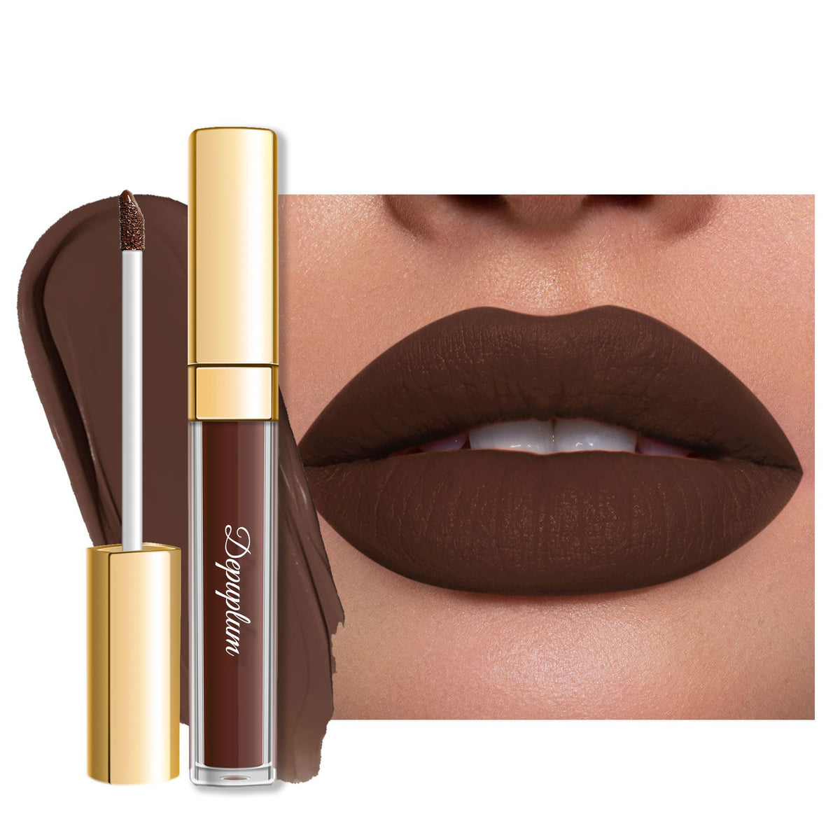 Depuplum DM15 chocolate front view showing sleek tube and matte finish benefit