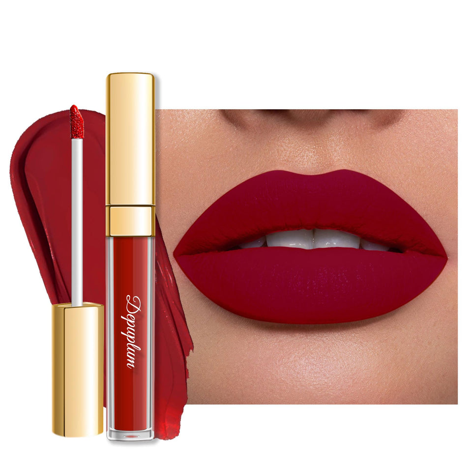 depuplum front packaging showing bold oxblood red and matte finish benefit