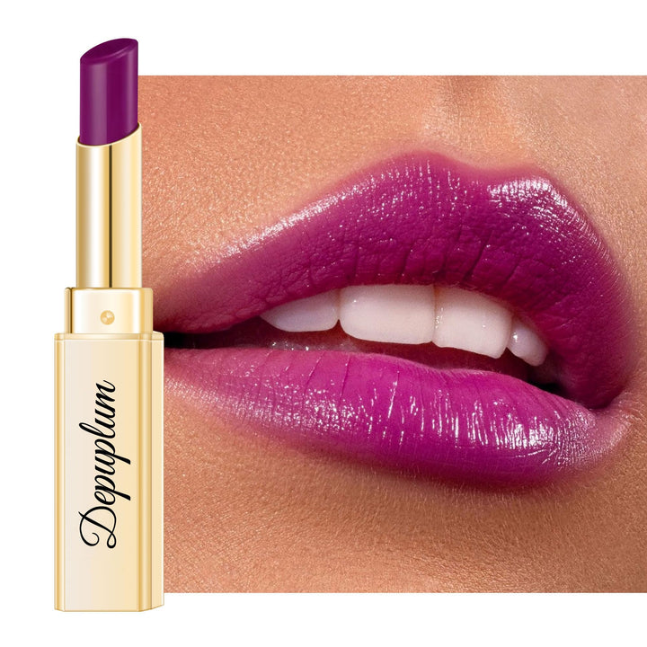 Depuplum DM90 front packaging showing plum shade and glossy finish benefit