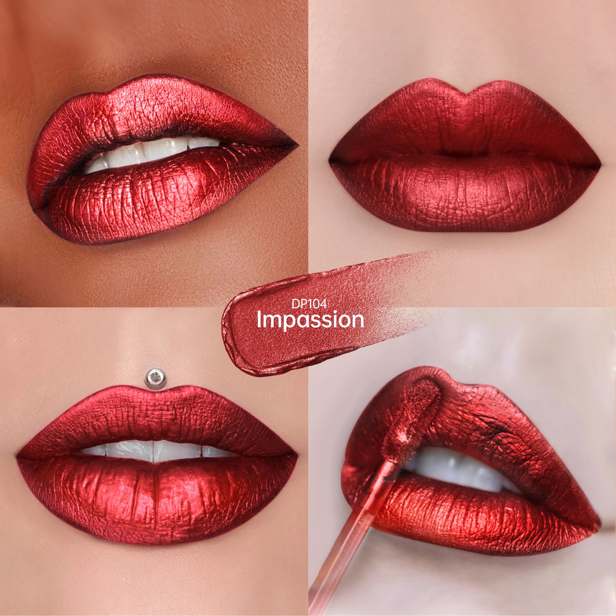 Depuplum lip swatch of DP104 Impassion on forearm, true dark-red color payoff and shimmer