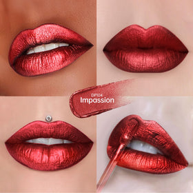 Depuplum lip swatch of DP104 Impassion on forearm, true dark-red color payoff and shimmer