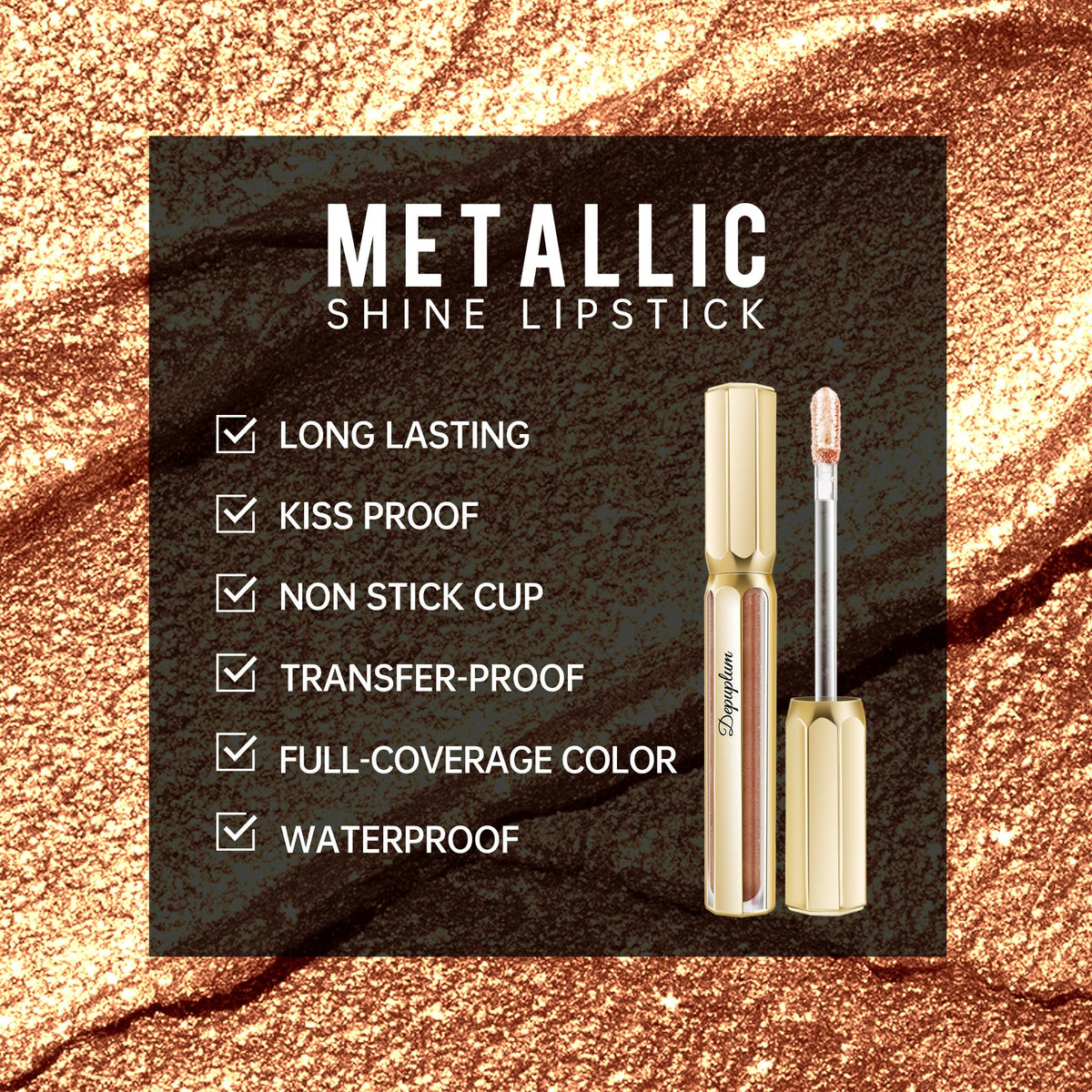 Depuplum lip close-up demonstrating rich metallic finish and smooth coverage