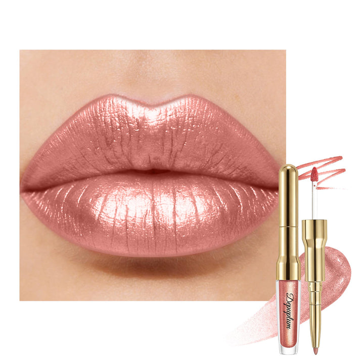 Depuplum dual-ended packaging showing liner and metallic lipstick benefit travel convenience