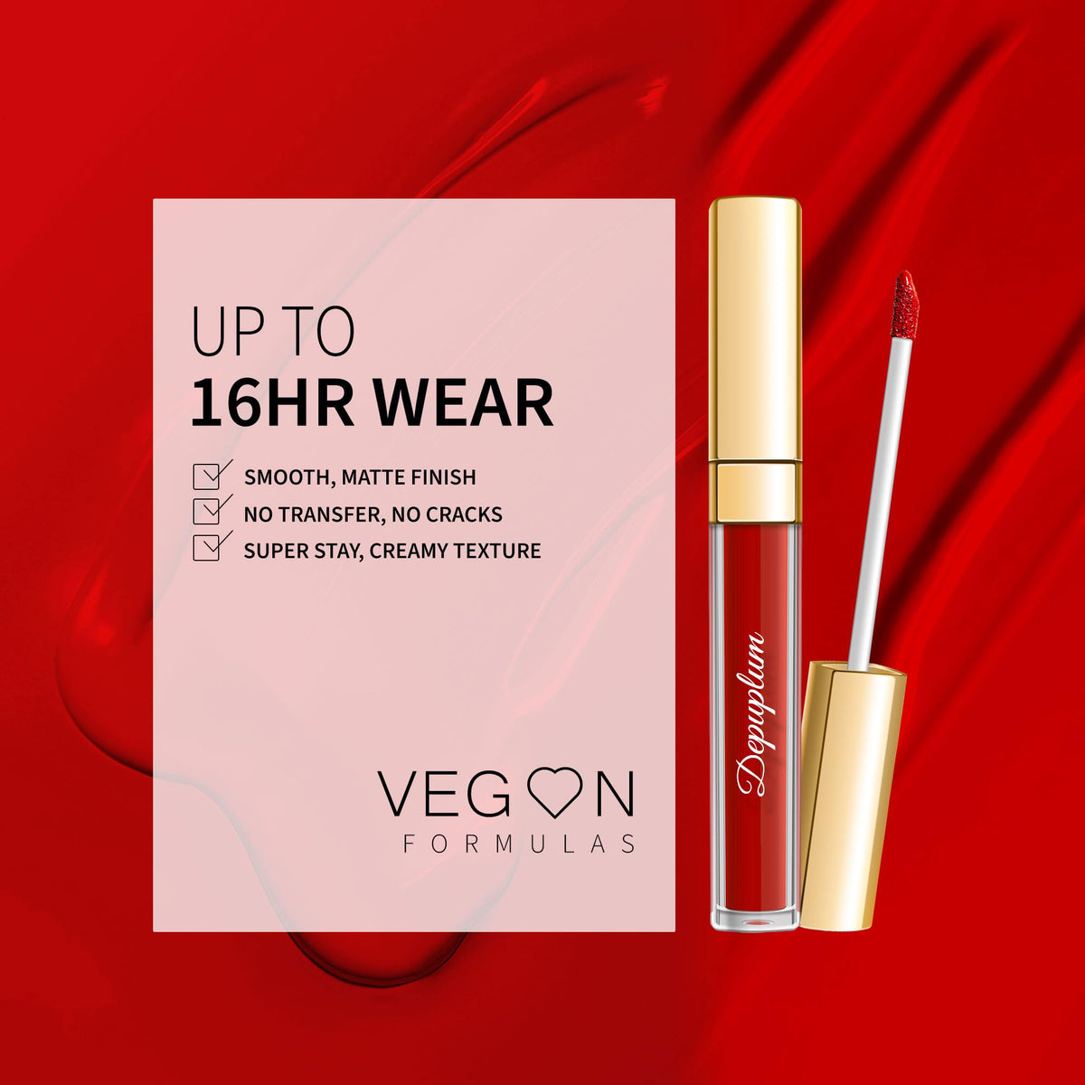 Depuplum lip swatch on model shows true Flamingo red and lasting color