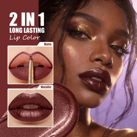 Depuplum metallic lipstick swatched on lips showing rich shimmer and hydration