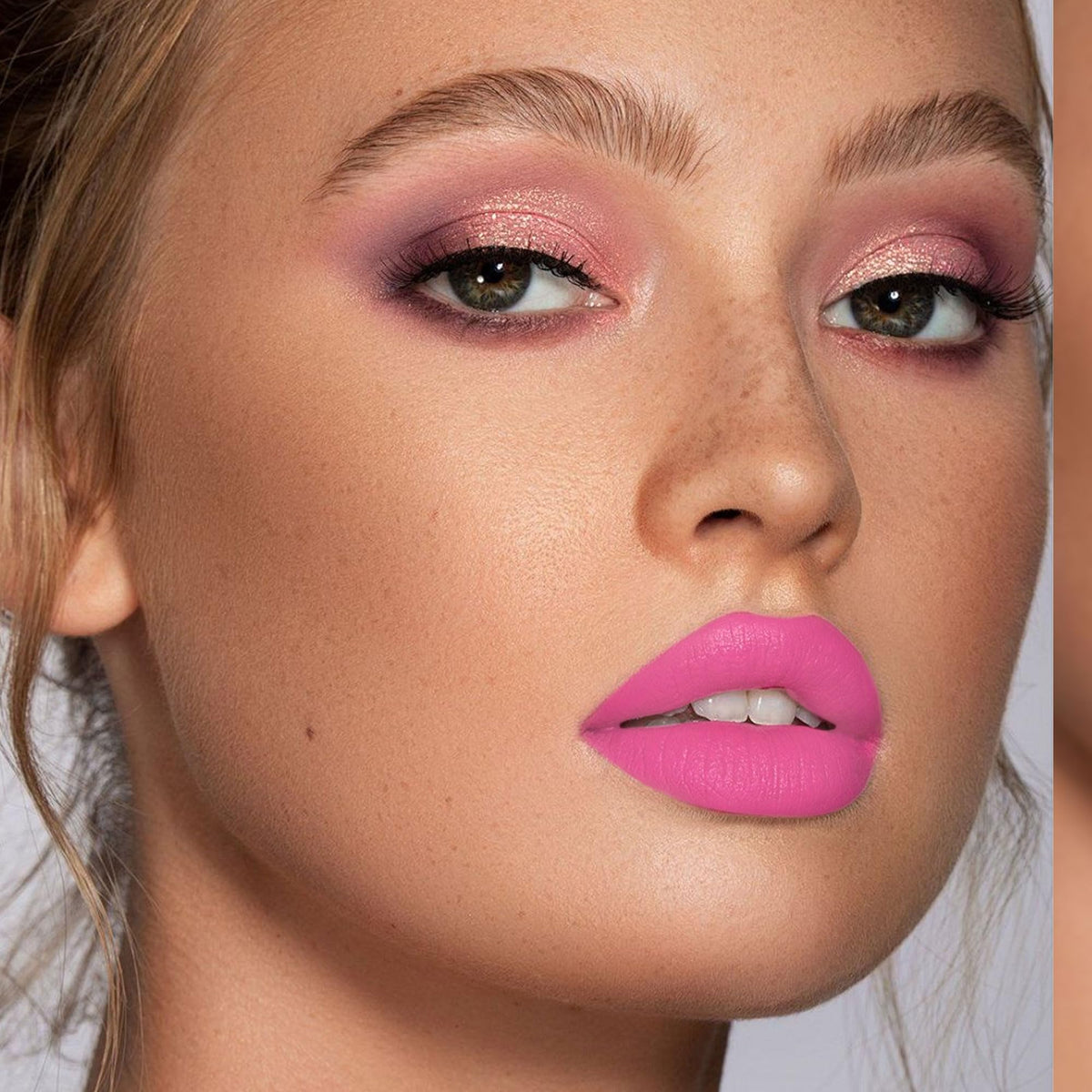 Depuplum swatch on arm showing hot-pink intensity and smooth finish benefit true shade preview