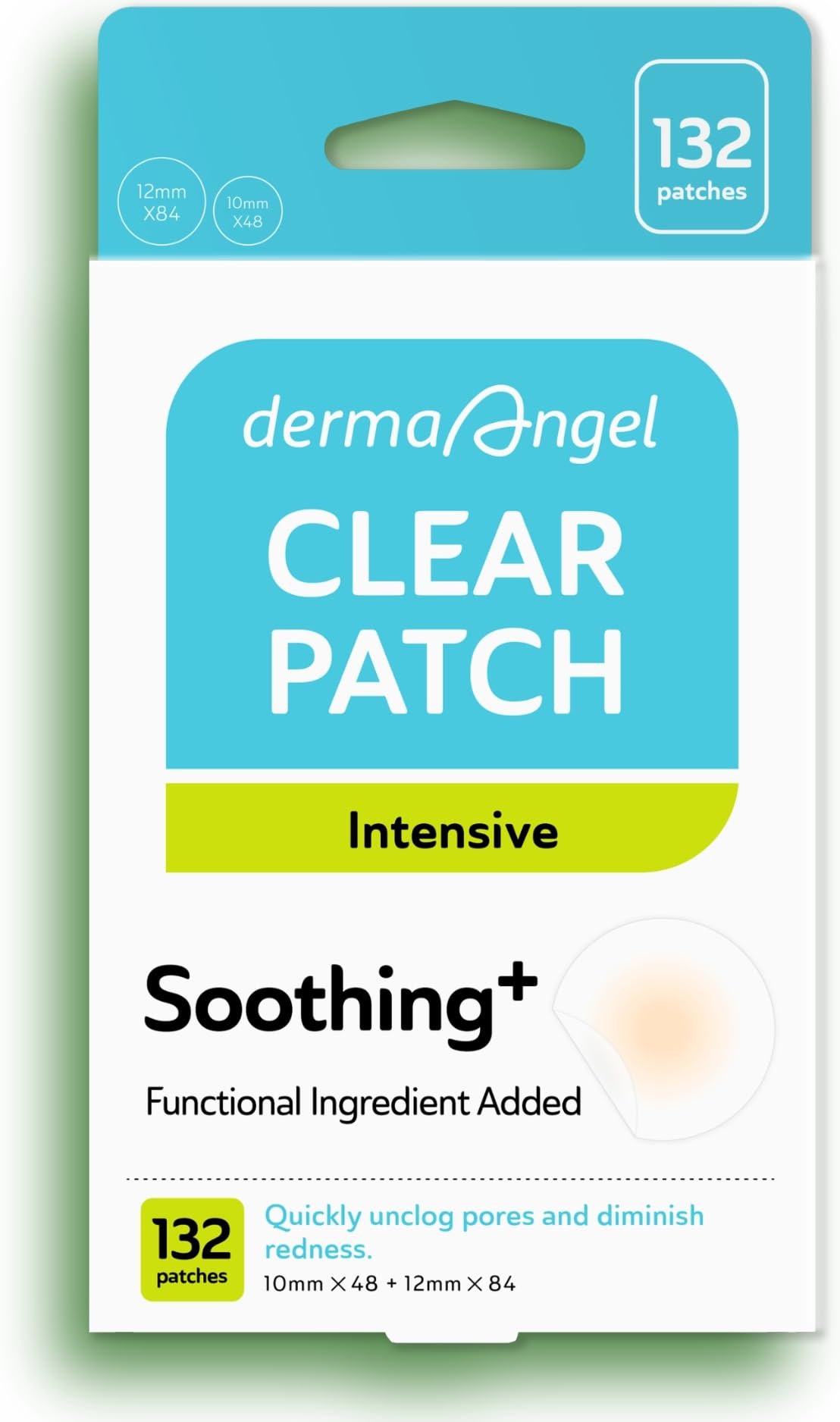 DERMA ANGEL front packaging showing 132 count and clear patch benefits