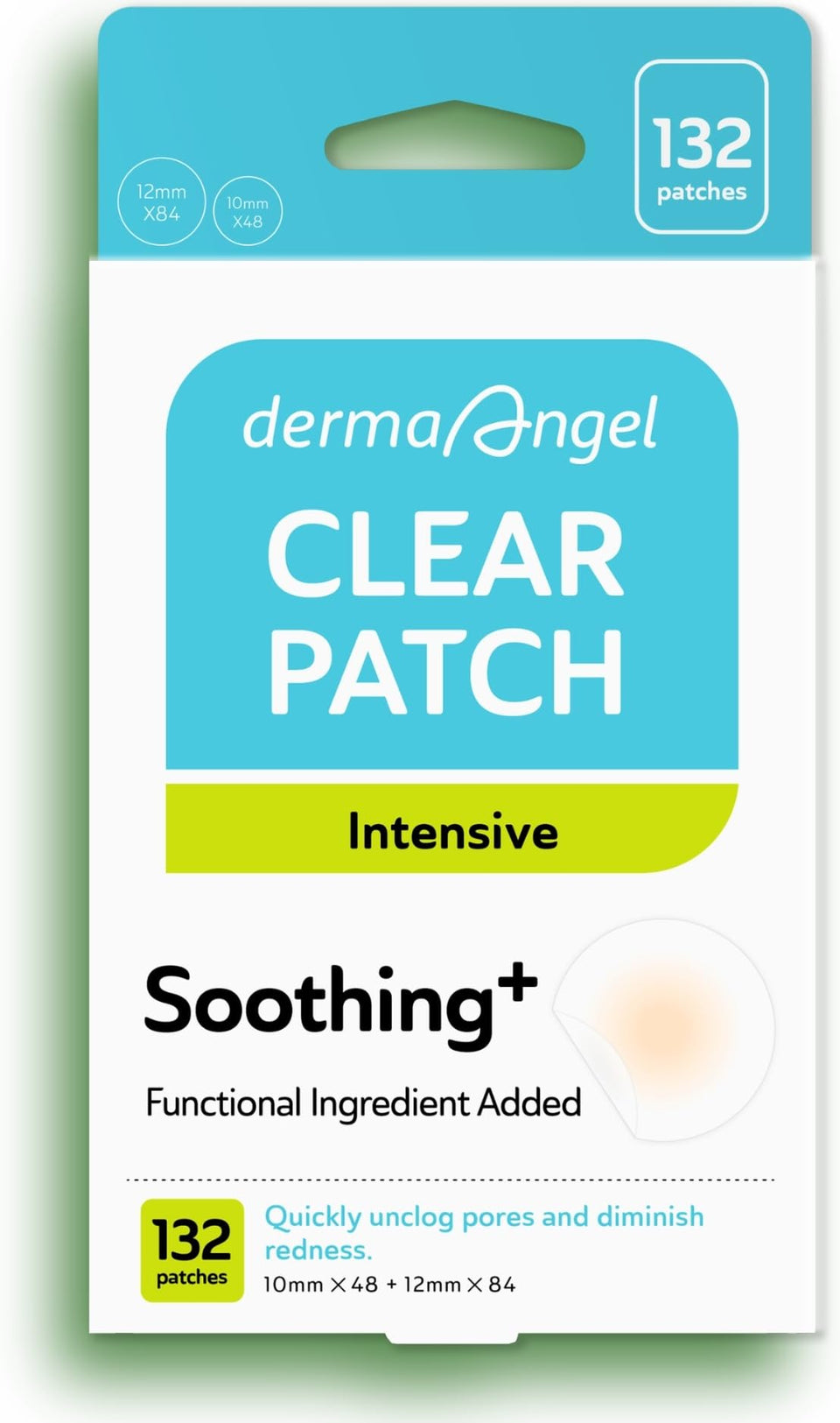 DERMA ANGEL front packaging showing 132 count and clear patch benefits