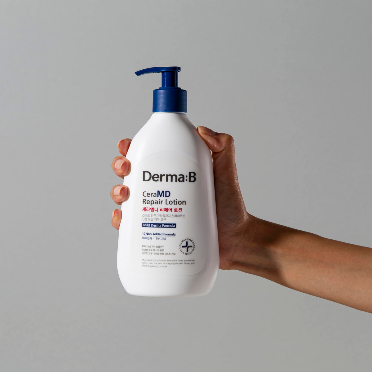 Derma B on bathroom shelf in lifestyle setting promoting daily use