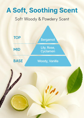 Derma B flatlay with flowers and oils emphasizing natural emollients and calming scent