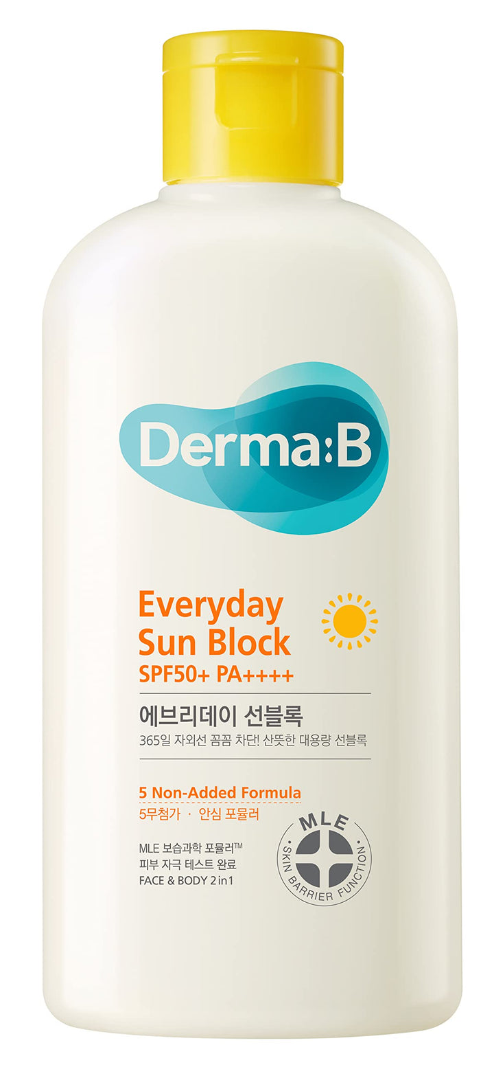 Derma B front packaging 200ml bottle showing SPF50+ protection and benefits