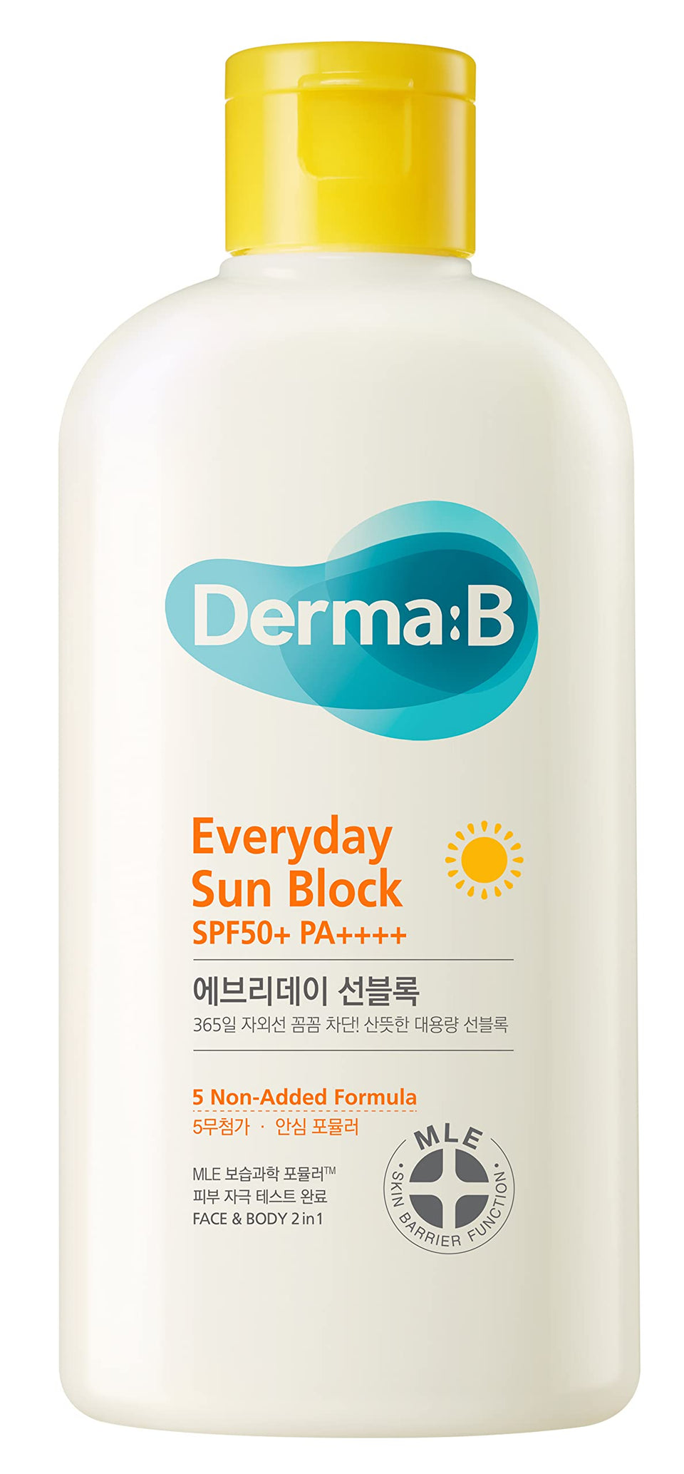 Derma B front packaging 200ml bottle showing SPF50+ protection and benefits