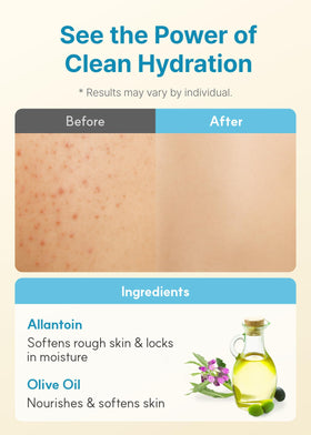 Derma B ingredients panel photo showing shea, panthenol and olive oil benefits