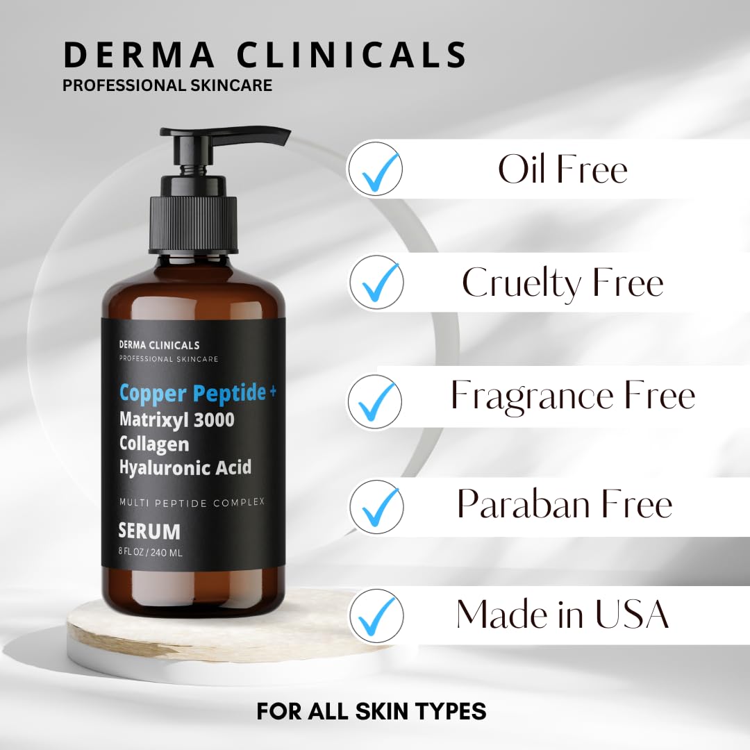 DERMA CLINICALS 8oz bottle next to a hand showing true size and convenient pump packaging