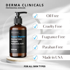 DERMA CLINICALS 8oz bottle next to a hand showing true size and convenient pump packaging