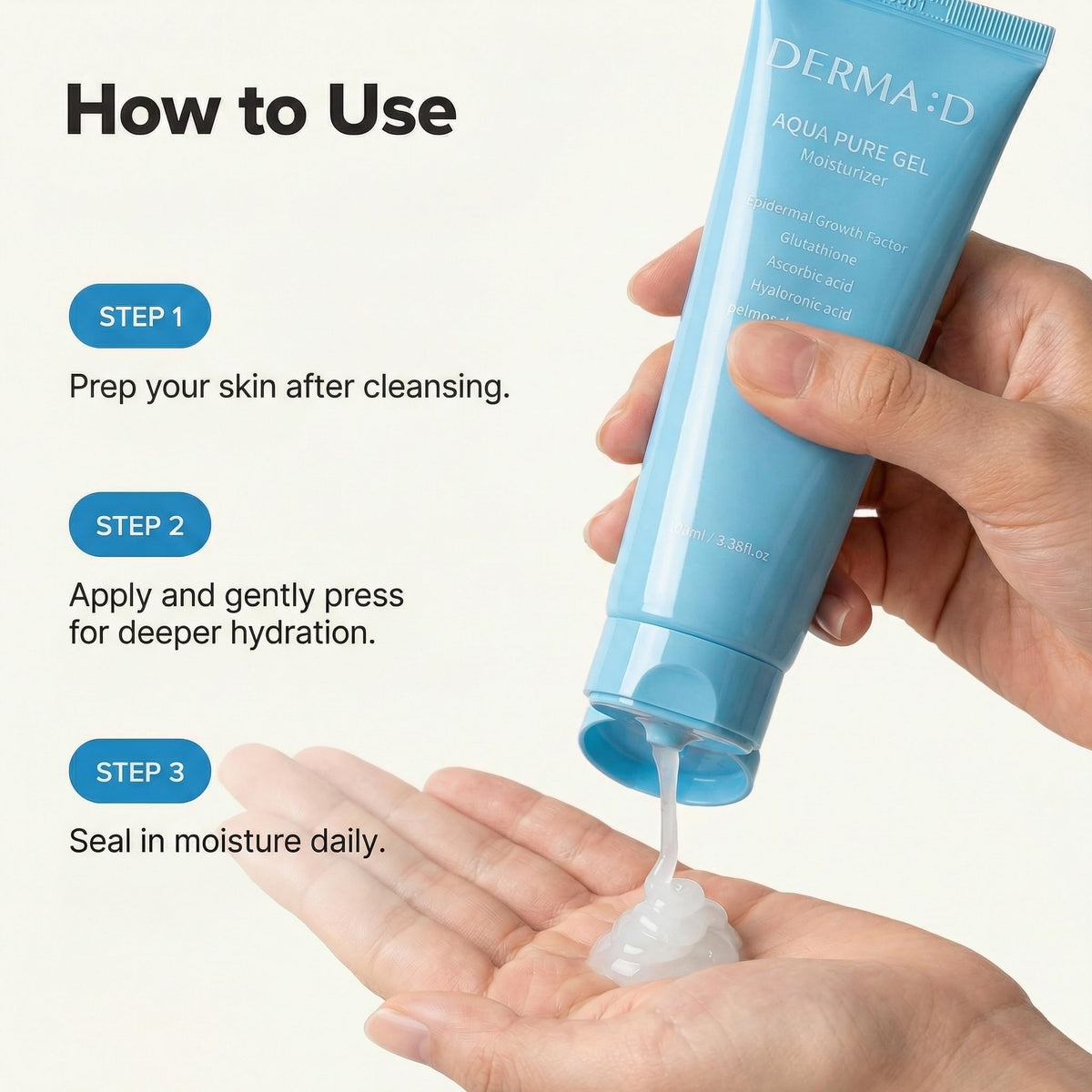 DERMA:D applied on hand demonstrating non-greasy finish and fast sinking benefit