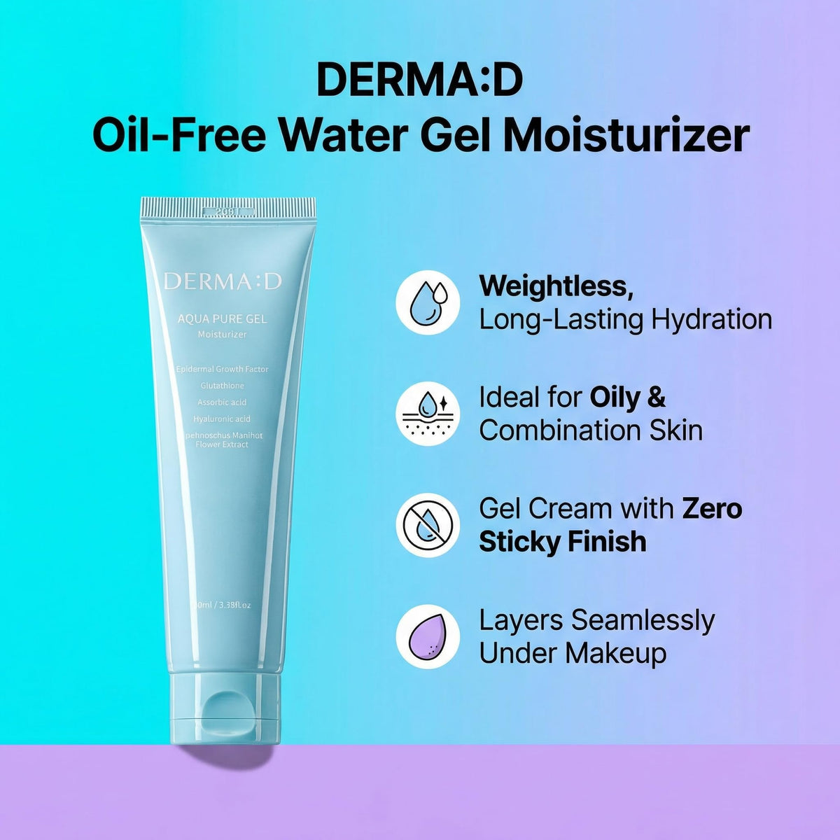 DERMA:D open cap revealing smooth water-gel consistency and easy scoopability