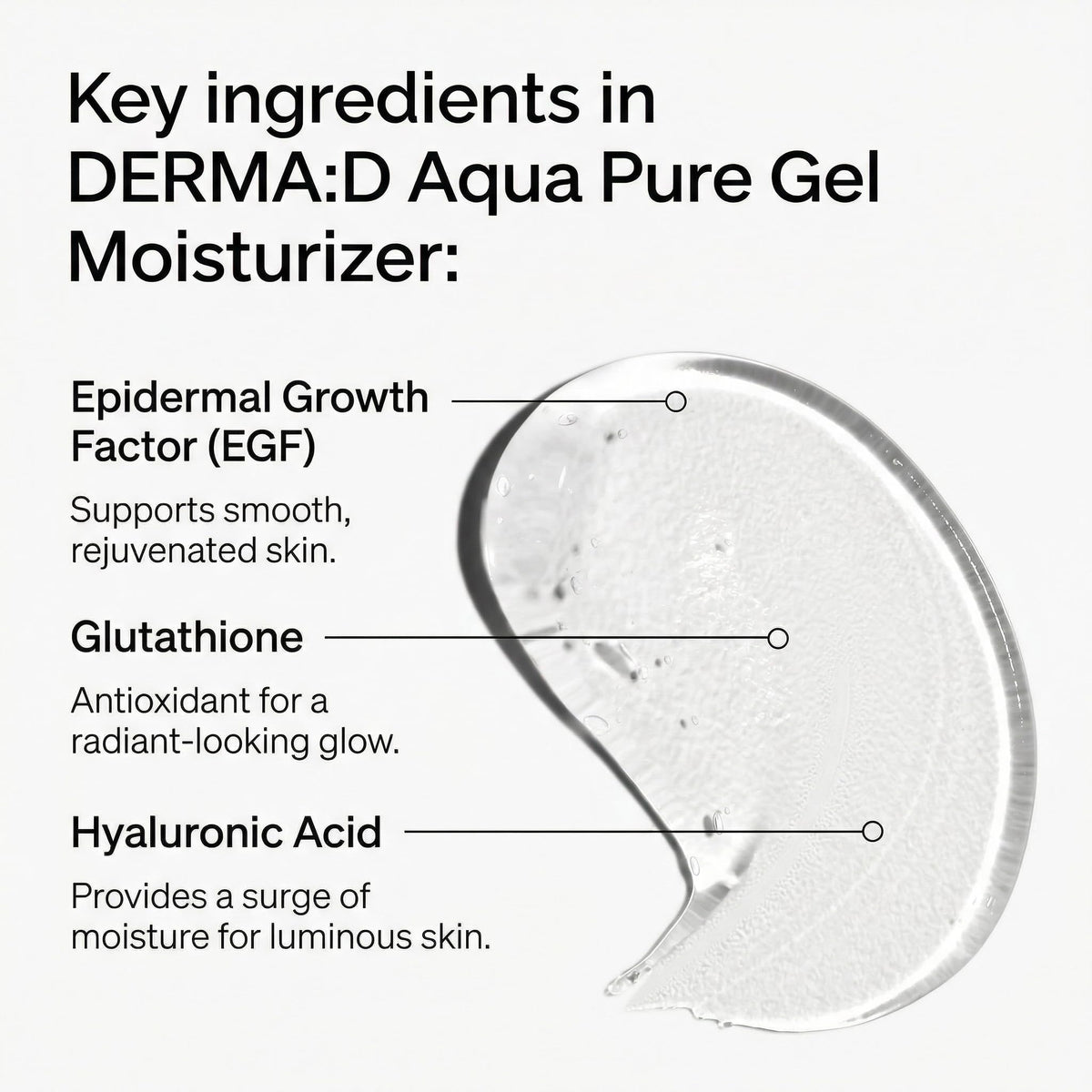 DERMA:D close-up of gel texture highlighting lightweight hydration and quick absorption
