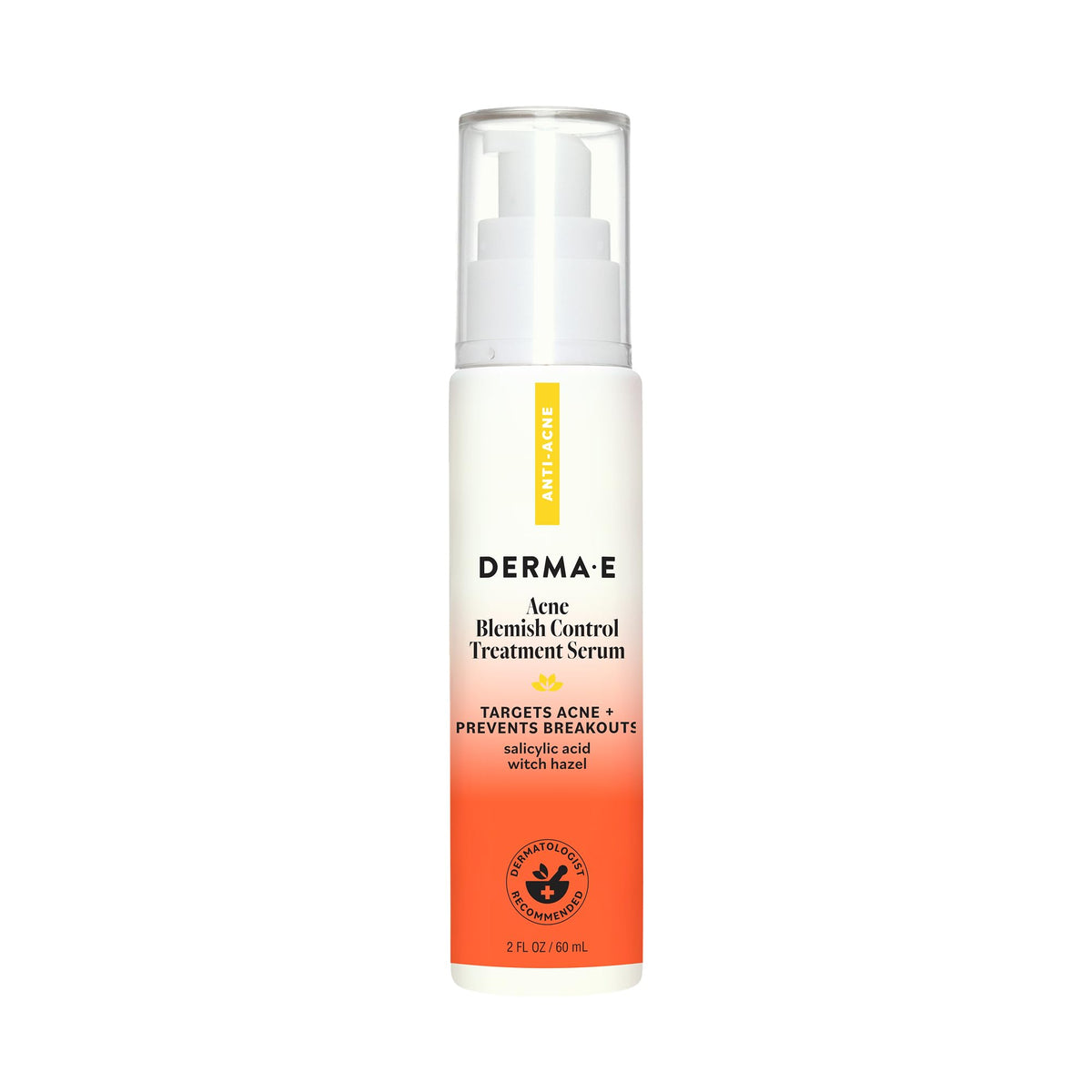 Derma E front bottle shot showing clear acne serum and clean packaging benefit clarity