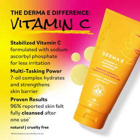 Derma E bottle styled on bathroom shelf conveying clean-beauty routine and sustainable packaging