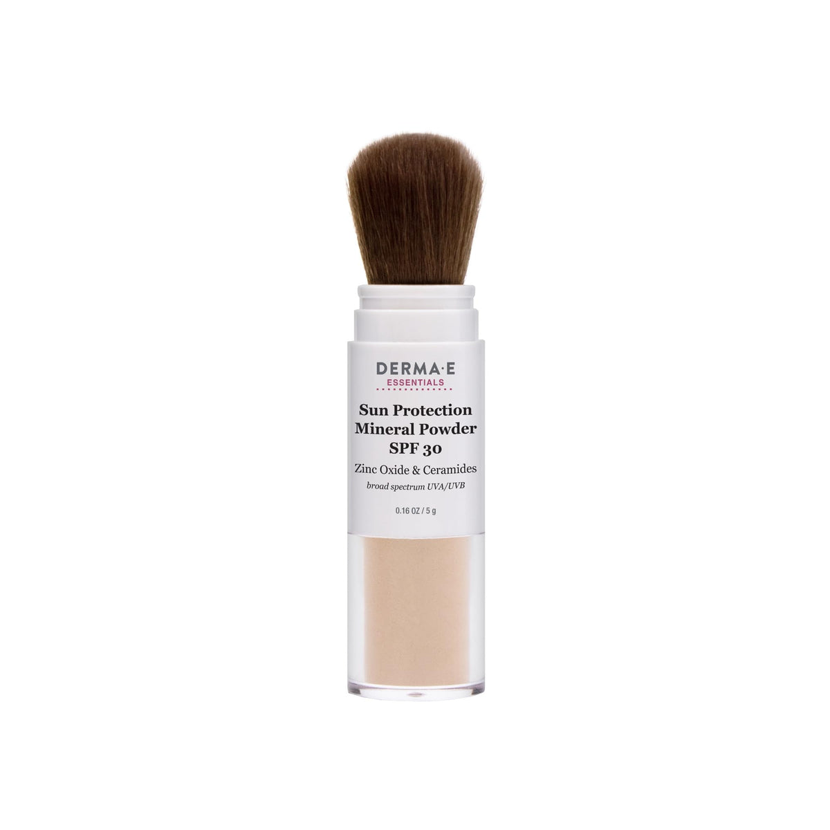 DERMA E brush-on sunscreen front view showing compact brush and cap, convenient protection