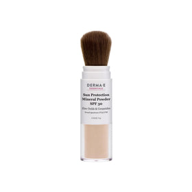 DERMA E brush-on sunscreen front view showing compact brush and cap, convenient protection