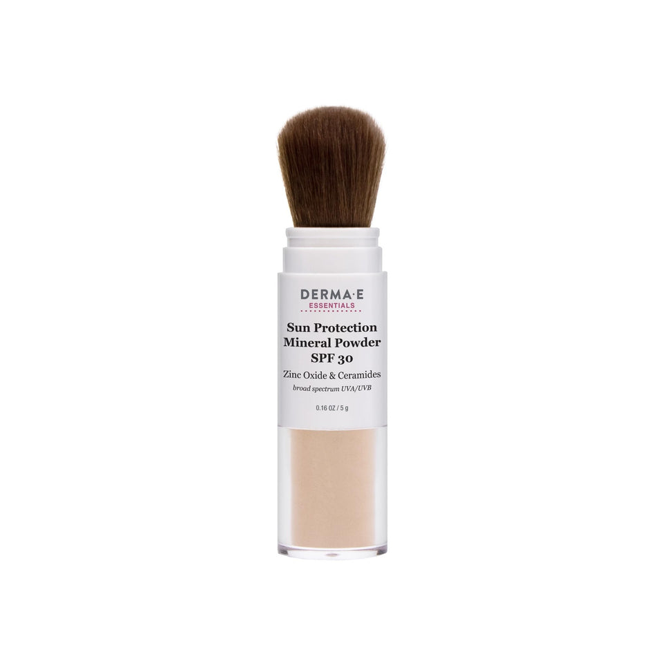 DERMA E brush-on sunscreen front view showing compact brush and cap, convenient protection