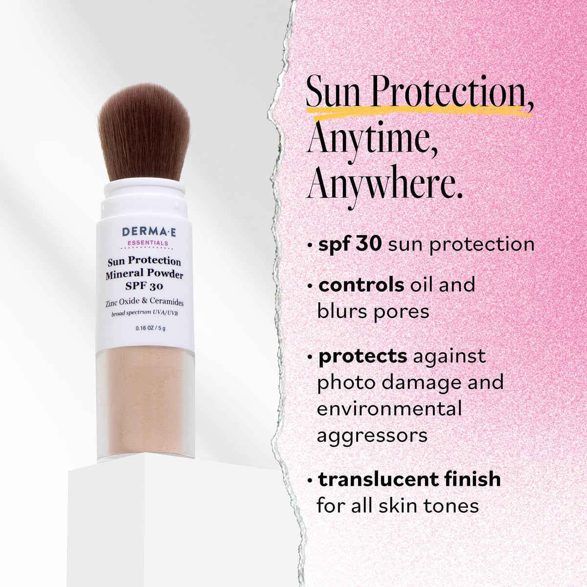 DERMA E brush-on sunscreen open brush top revealing soft bristles, easy even application