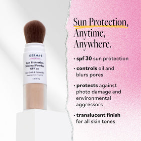 DERMA E brush-on sunscreen open brush top revealing soft bristles, easy even application
