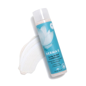 Derma E applied to wet hair at sink showing targeted scalp treatment in use