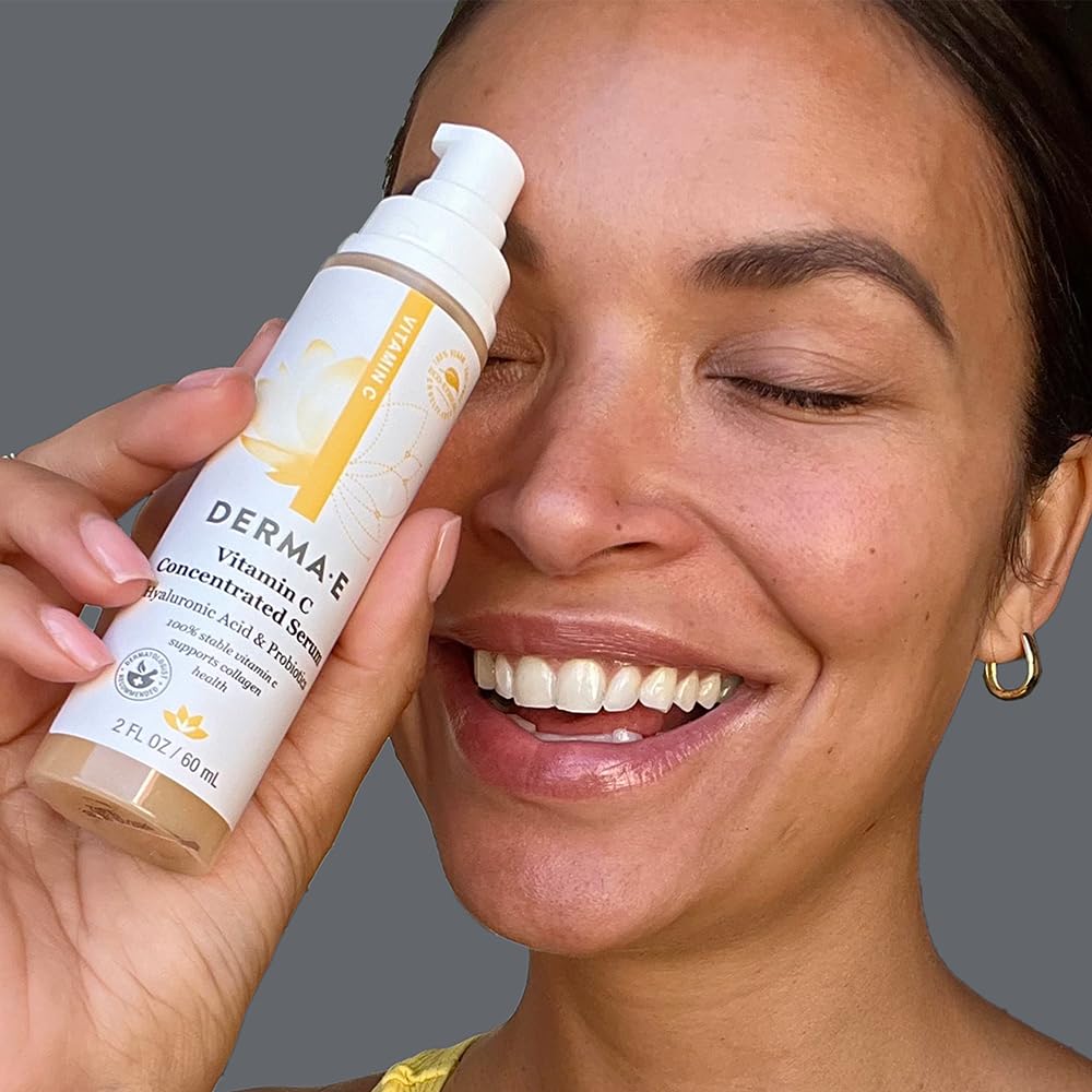 Derma E ingredients display with vitamin C and hyaluronic acid for antioxidant support