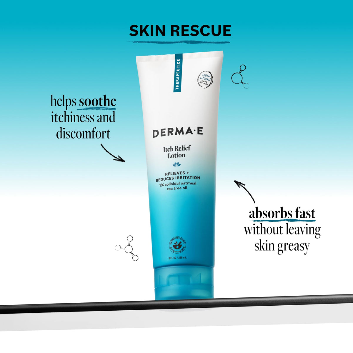 Derma E lotion texture on hand highlighting quick-absorbing benefit