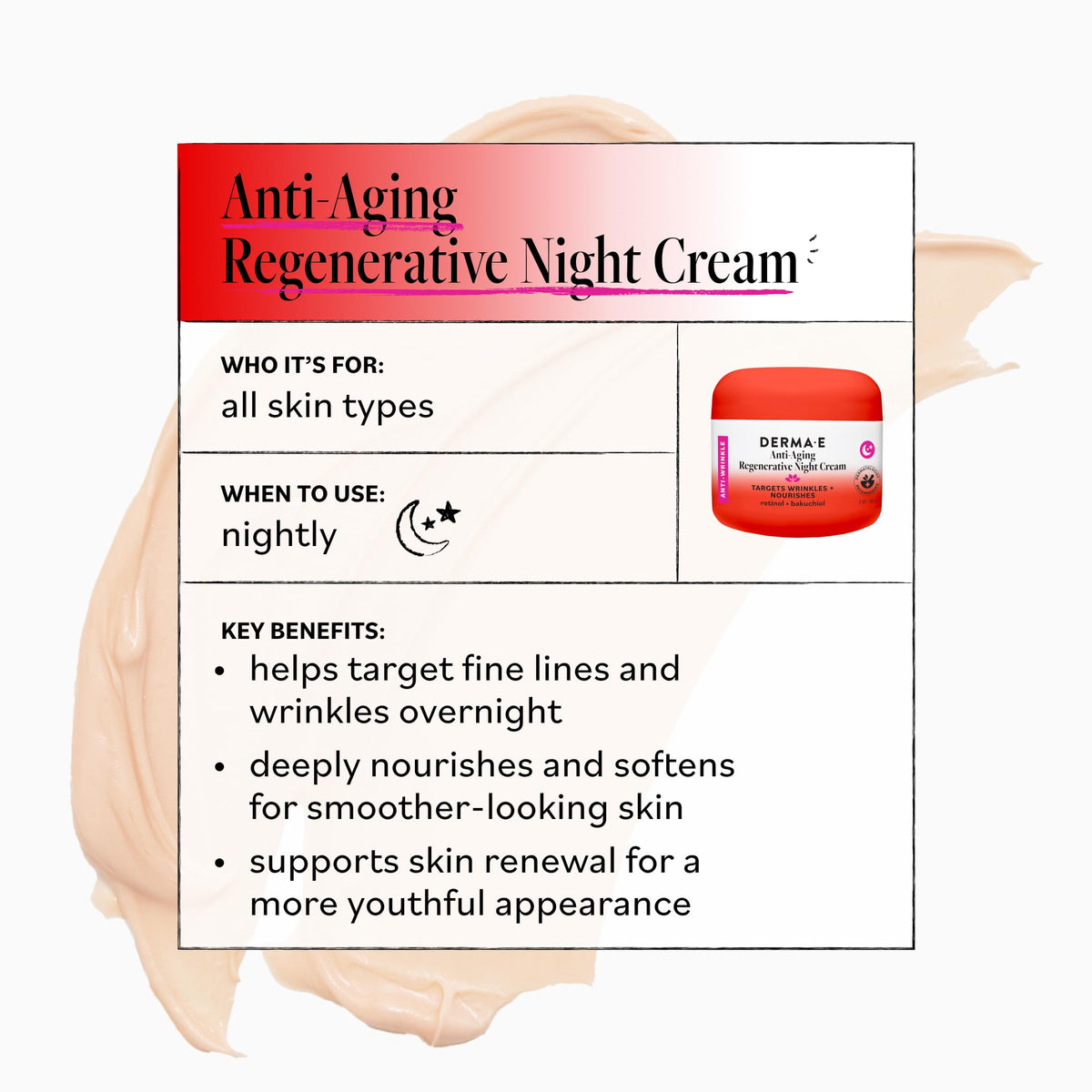 Derma E night cream on hand demonstrating smooth absorption and hydration