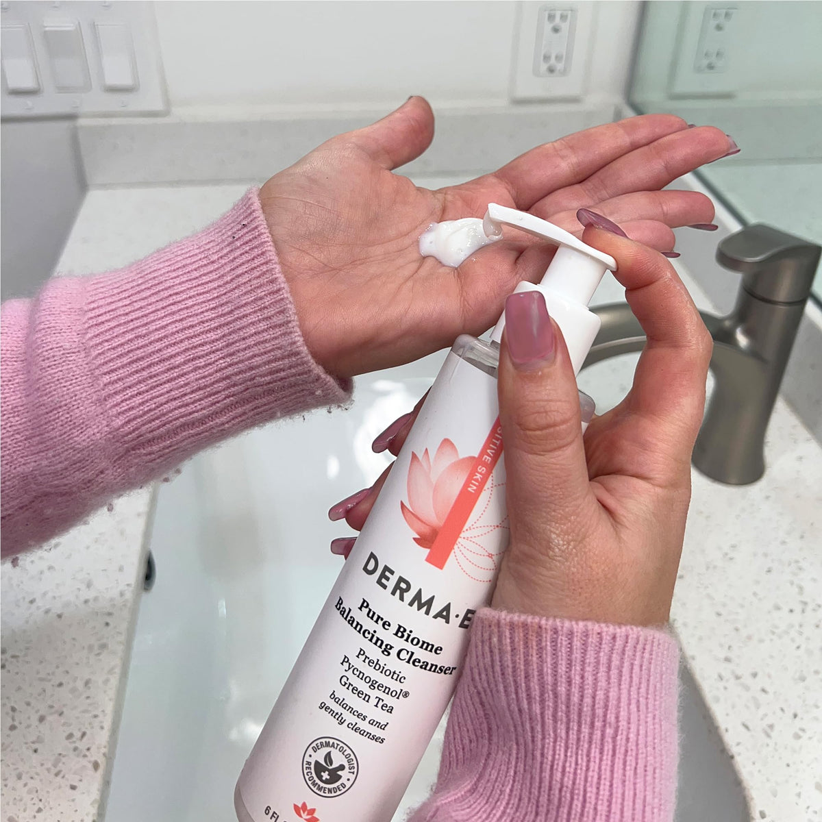 Derma E bottle on bathroom shelf lifestyle conveying everyday routine fit