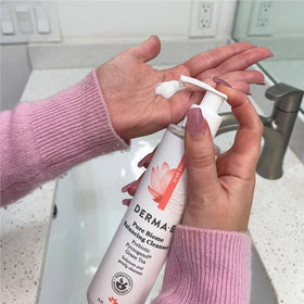 Derma E bottle on bathroom shelf lifestyle conveying everyday routine fit