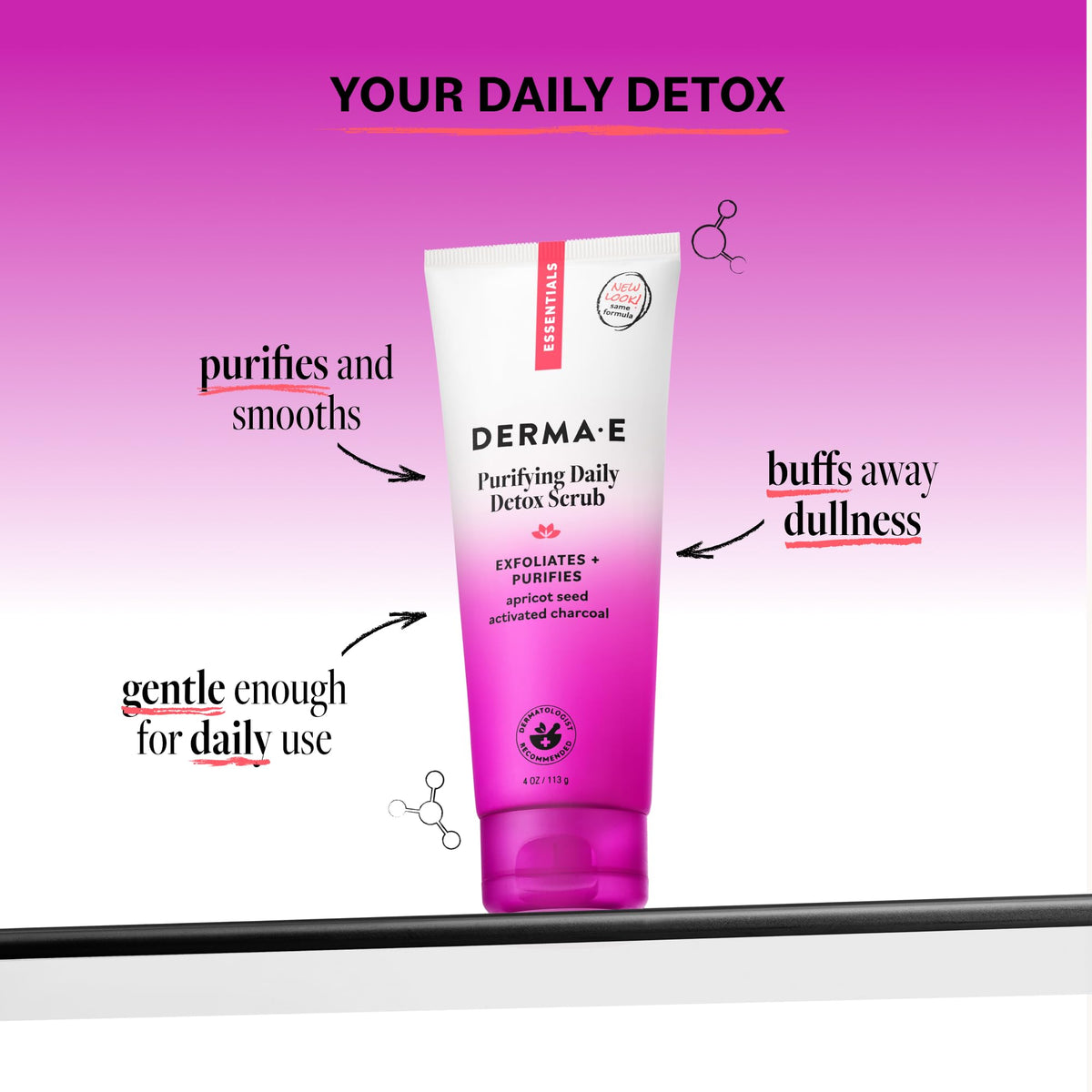 derma e texture close-up of charcoal and apricot grains for gentle exfoliation