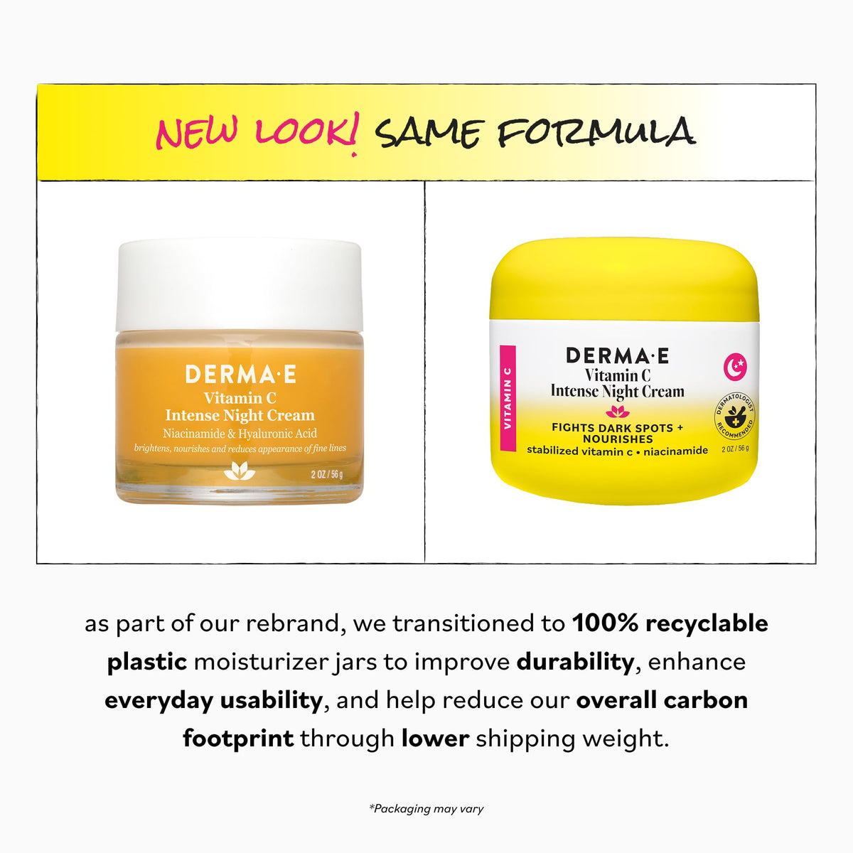 DERMA‑E ingredients display including vitamin C, hyaluronic acid, niacinamide, shows benefits