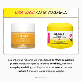 DERMA‑E ingredients display including vitamin C, hyaluronic acid, niacinamide, shows benefits