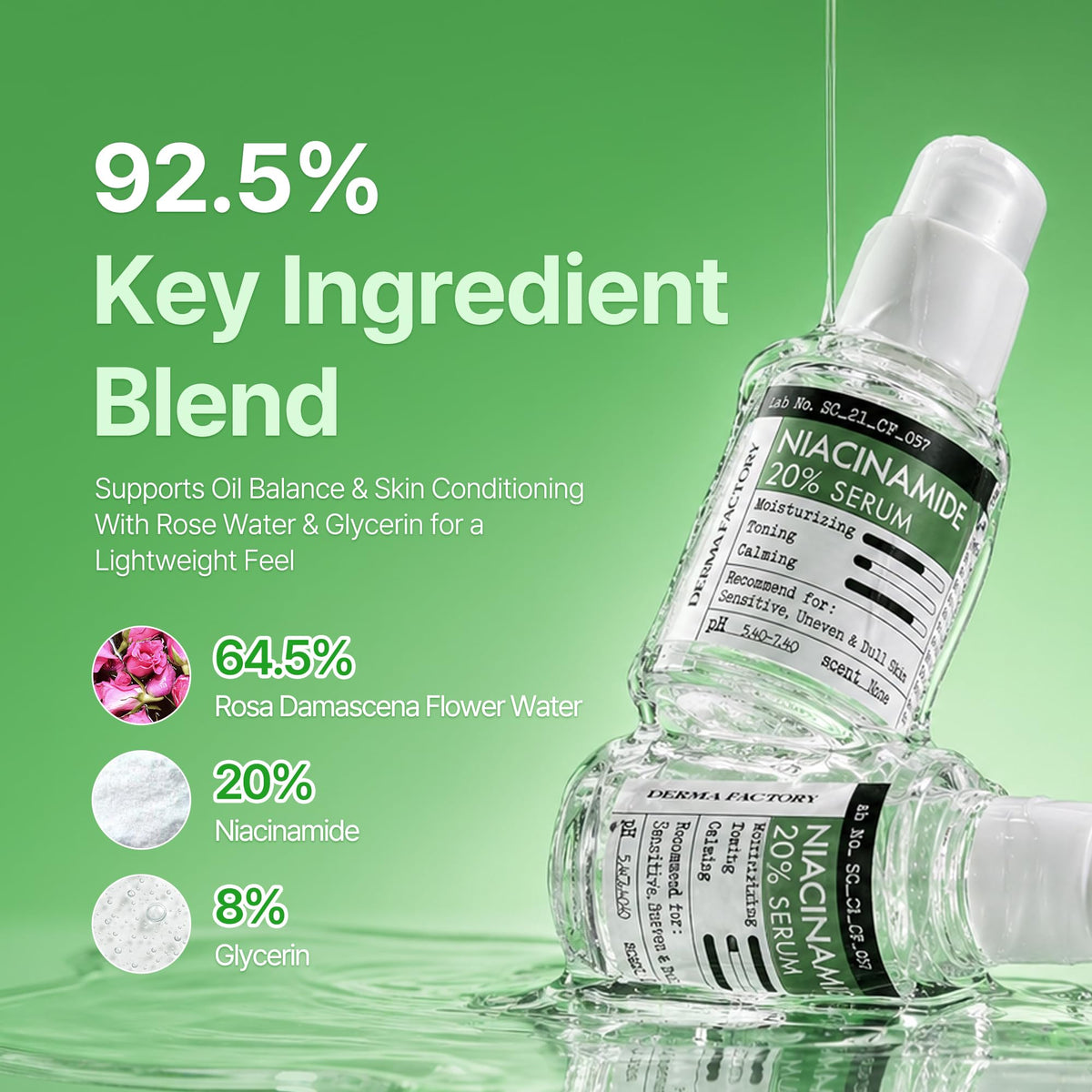 DERMA FACTORY absorbed serum on skin showing quick non-sticky finish