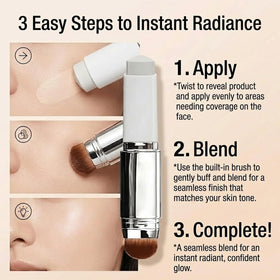DERMA MUSE foundation stick beside makeup bag, demonstrates travel convenience and versatility