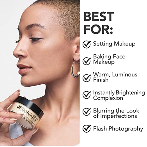 Dermablend powder being applied with brush demonstrating long-lasting, transfer-resistant wear