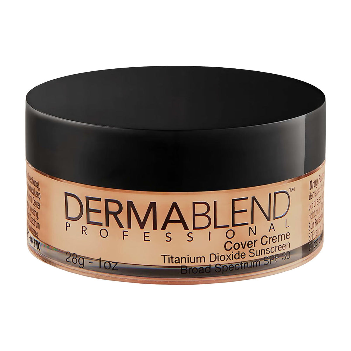 Dermablend front jar showing product label and compact size benefit