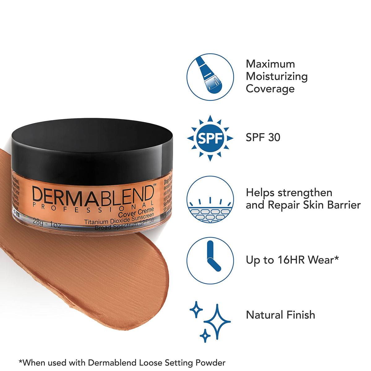 Dermablend open jar top displaying rich pigment and creamy consistency