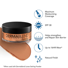 Dermablend open jar top displaying rich pigment and creamy consistency