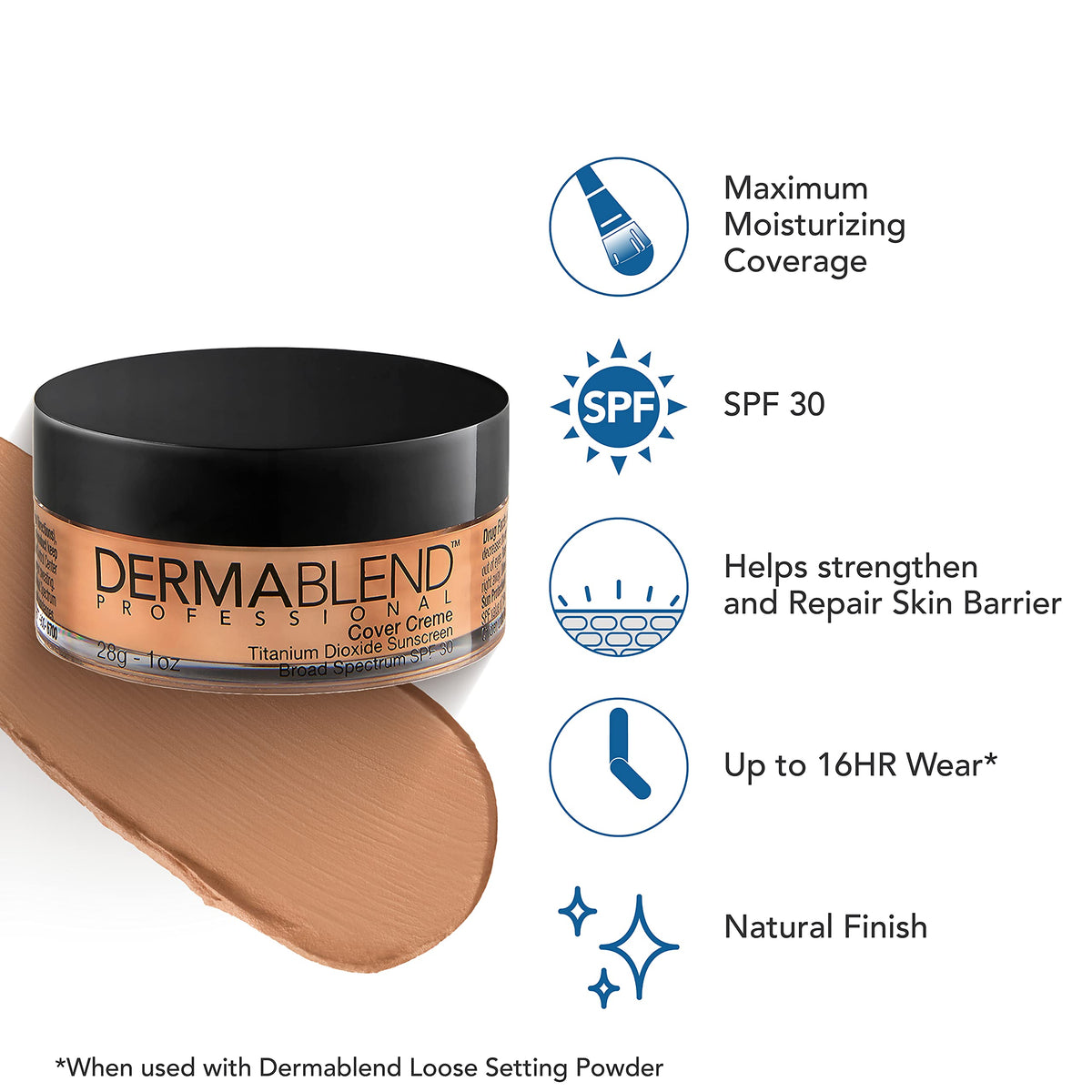 Dermablend swatch blended on forearm close-up, shows natural finish and concealment
