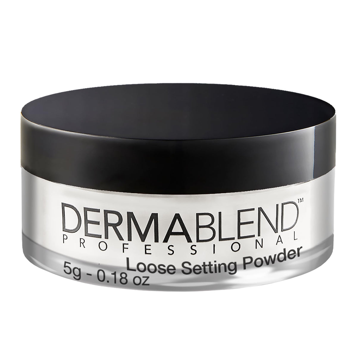 Dermablend front packaging jar showing translucent loose powder and branding for travel convenience
