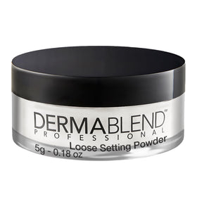 Dermablend front packaging jar showing translucent loose powder and branding for travel convenience