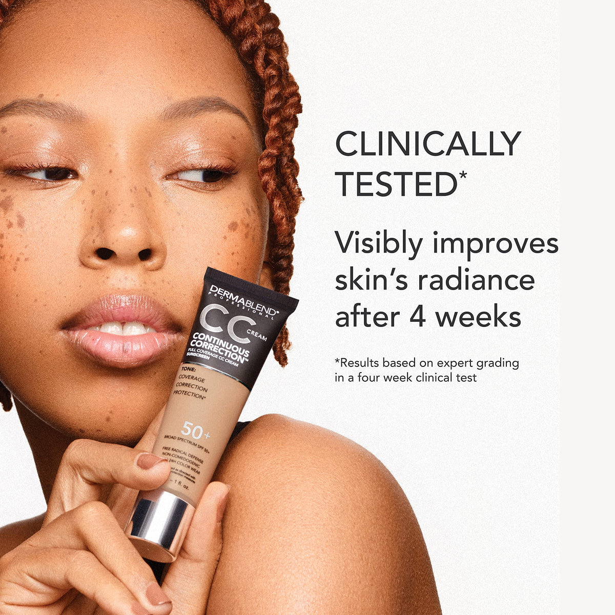 Dermablend ingredient label and SPF50+ display showing protective antioxidants