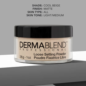 Dermablend powder being applied with brush for mattified, longwear benefit