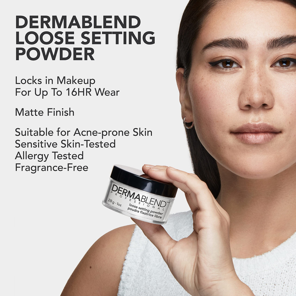 Dermablend before and after portrait illustrating reduced shine and blurred pores